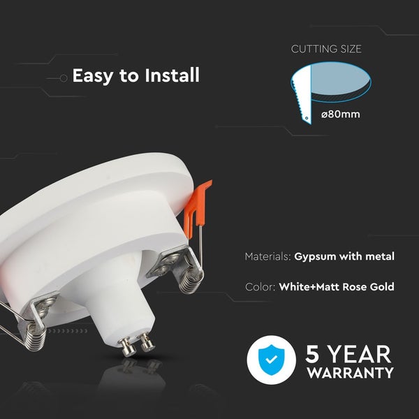 LED Einbaustrahler aus Gips und Metall, Weiß und Matt Roségold, Ausschnittmaß 80 Millimeter, einfache Montage, 5 Jahre Garantie.