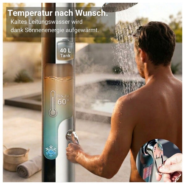 Solardusche im Außenbereich mit 40 Liter Tank. Wassererwärmung durch Sonnenenergie bis zu 60 Grad. Mit Einhandmischer und großem Duschkopf.