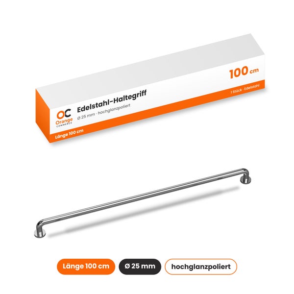 Edelstahl Haltegriff Orange Commerce 100 Zentimeter Länge und 25 Millimeter Durchmesser hochglanzpoliert in Verpackung