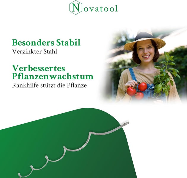 Novatool Logo. Stabiler Tomatenspiralstab aus verzinktem Stahl als Rankhilfe für gesundes Pflanzenwachstum. Abbildung einer Frau mit Tomaten.