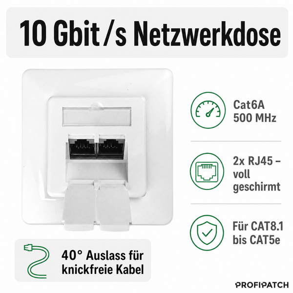 Profipatch Netzwerkdose mit 2 RJ45 Anschlüssen, Cat6A, 500 Megahertz, für 10 Gigabit pro Sekunde und 40 Grad Auslass.