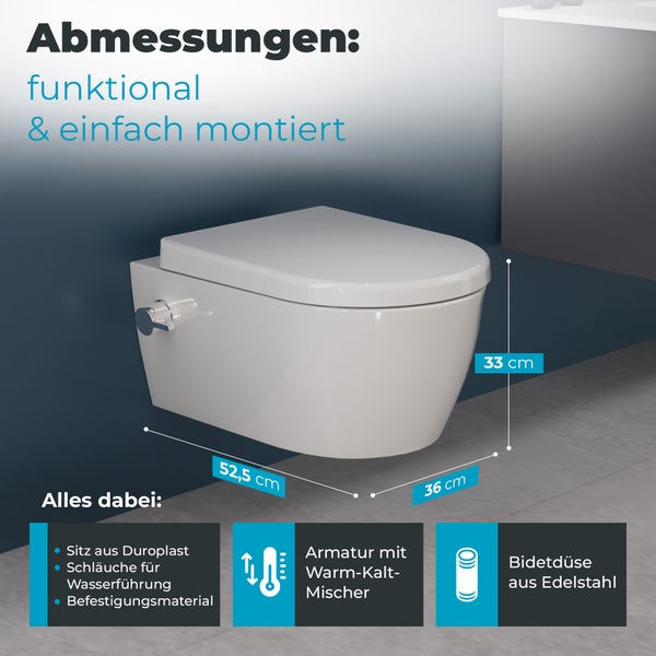 Wand-Bidet mit den Massangaben 52,5 cm Breite, 36 cm Tiefe und 33 cm Höhe, inklusive Duroplast-Sitz, Wasserschläuchen, Befestigungsmaterial, Warm-Kalt-Mischer und Bidetdüse aus Edelstahl