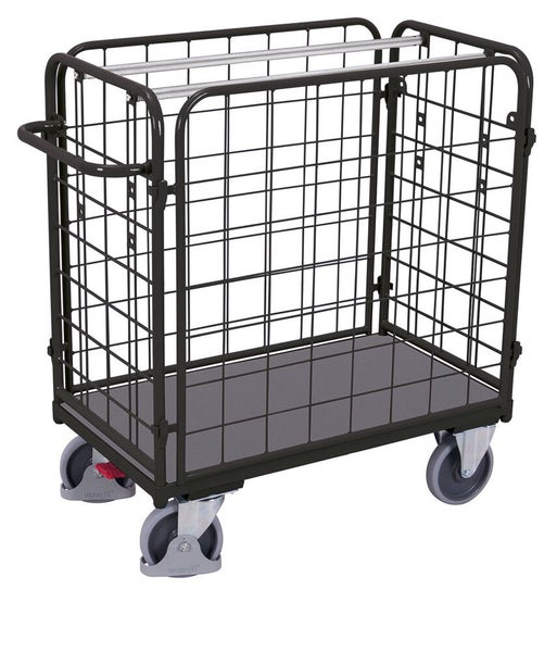 Paketwagen aus Metall in Anthrazit mit Gitterwänden und vier Lenkrollen.