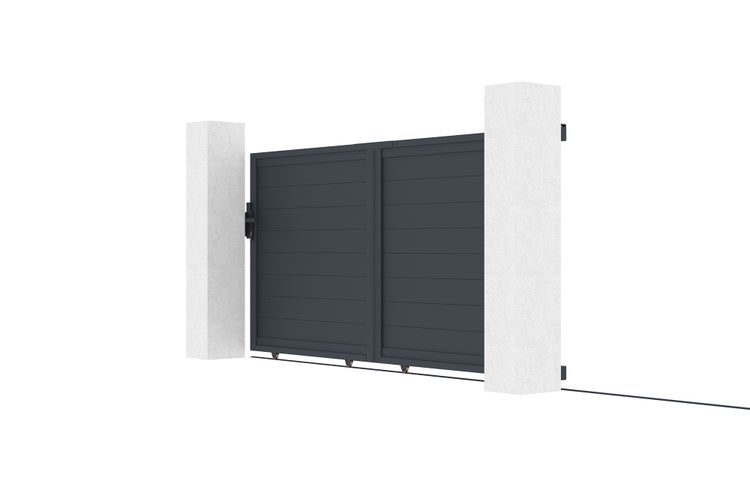 Modernes Schiebetor aus Aluminium in Anthrazit mit horizontalen Paneelen zwischen zwei weißen Säulen.
