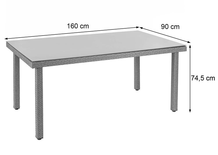 Gartentisch mit Glasplatte, 160 x 90 x 74,5 cm