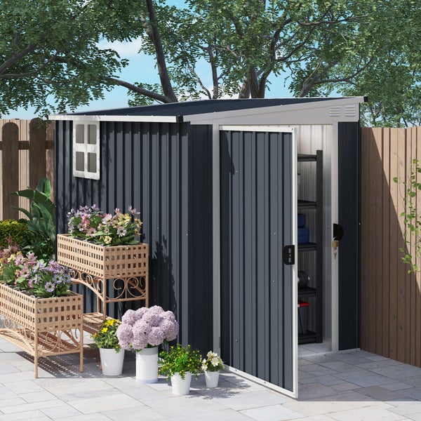 Outsunny Metall Gerätehaus 2,7m² 128x231x181cm Geräteschuppen mit Pultdach Fenster Abschließbarer Tür wetterfest Gartenhaus Outdoor Garten Schuppen für Hinterhof Außenbereich Dunkelgrau