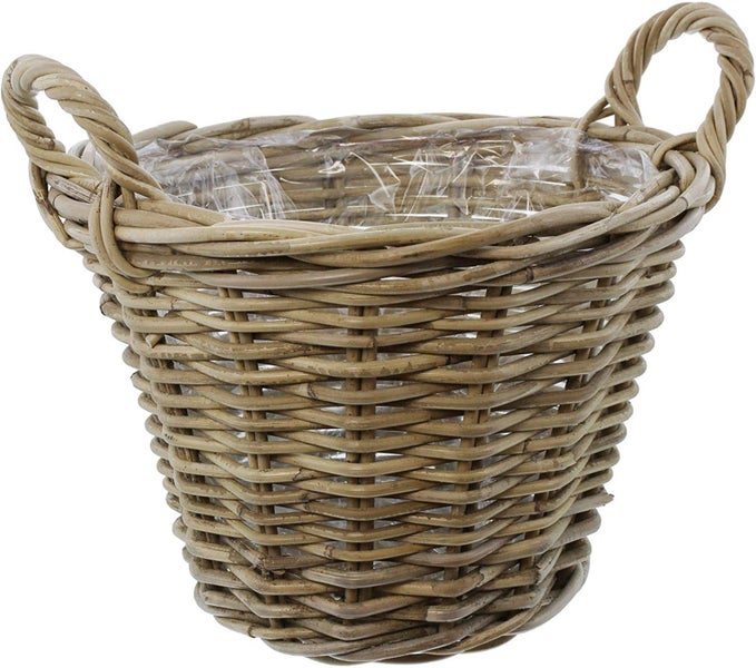 Dekoleidenschaft Pflanzkorb Rustikal Ø 35x25 cm groß, aus Rattan, rund, grau, Blumentopf, Pflanzkübel, Pflanztopf für Draußen, Blumenkübel