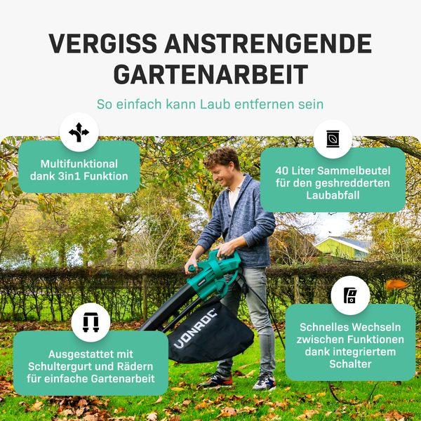 VONROC Laubsauger Elektro 3300W - Laubsammler 3 in 1 Funktion - Blasen 270km/h, Saugen, Zerkleinern - Inkl. 40l Sammelbeutel