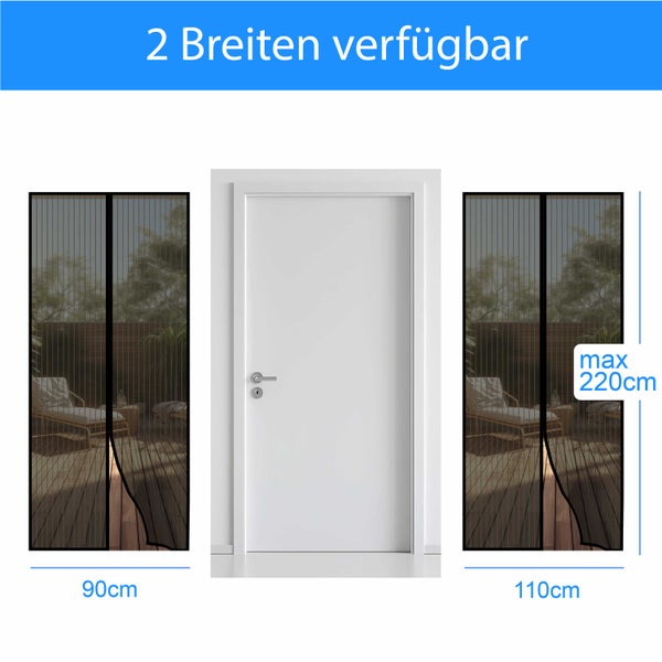 Insektenschutz-Magnetvorhang für Türen in zwei Breiten verfügbar, 90 Zentimeter und 110 Zentimeter, maximale Höhe 220 Zentimeter.