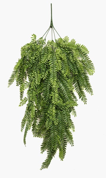 Detailaufnahme eines künstlichen Farns mit grünen Kunststoffblättern.