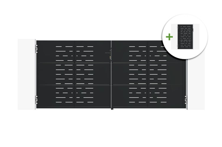 Doppelflügeltor aus Metall mit modernem Design inklusive passender Gartentür als Set