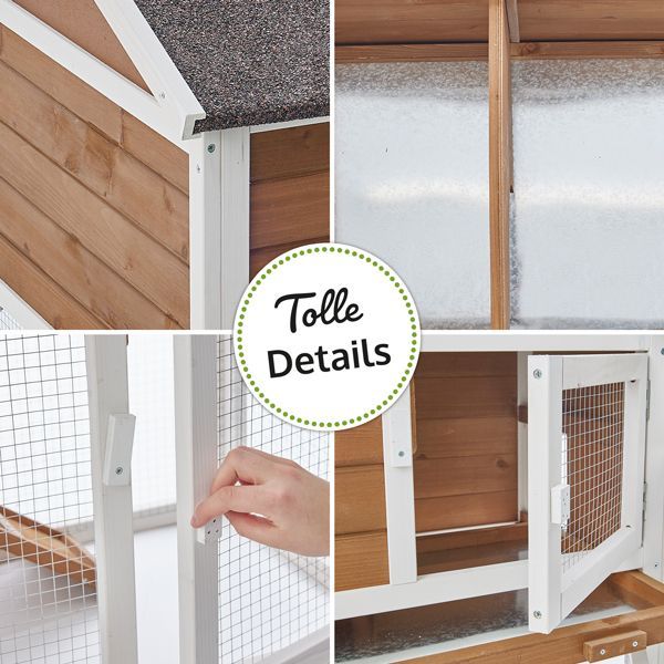 Detailansichten eines Kleintierstalls aus Holz mit Bitumendach, ausziehbarer verzinkter Bodenwanne und Gittertüren mit Riegeln.