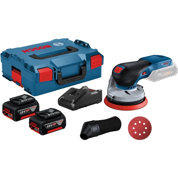 Bosch Exzenterschleifer Set mit L-Boxx, zwei Akkus, Ladegerät und Zubehör