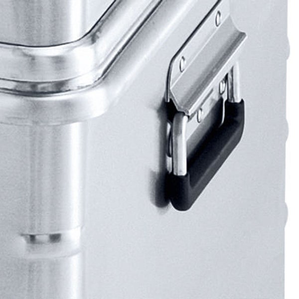 Detailansicht eines Aluminium Transportkoffers mit seitlichem Tragegriff