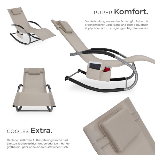 Gartenliege tectake Taya abnehmbares Kopfpolster, seitliche Aufbewahrungstasche ergonomisch, mit Komfort-Schwingbewegung beige