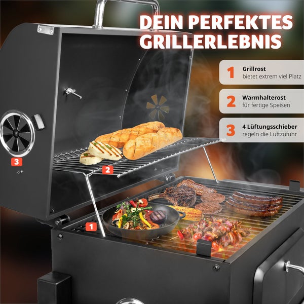 Holzkohlegrill tectake Florian 115 x 65 x 107 cm mit 2 Rädern schwarz