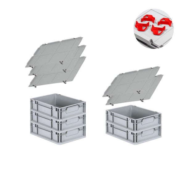 PROREGAL Spar Set 5x Eurobox Nextgen Economy Mit Auflagedeckel & 4x Schiebeschnappverschlüsse Rot Griffe Geschlossen HxBxT 12 x 30 x 40 cm 11 Liter