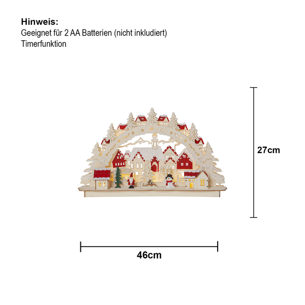 Dekorative, beleuchtete Holzszene mit Winterdorf, 46 mal 27 Zentimeter, geeignet für zwei AA Batterien, mit Timerfunktion
