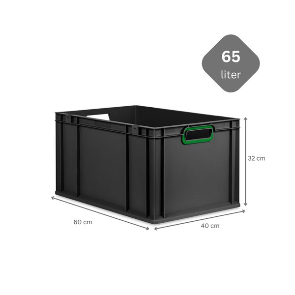 Eurobox NextGen Color, HxBxT 32x40x60cm, 65 Liter, Griffe grün offen, Verstärkter Boden, Schwarz, Eurobehälter, Transportbox, Transportbehälter, Stapelbehälter