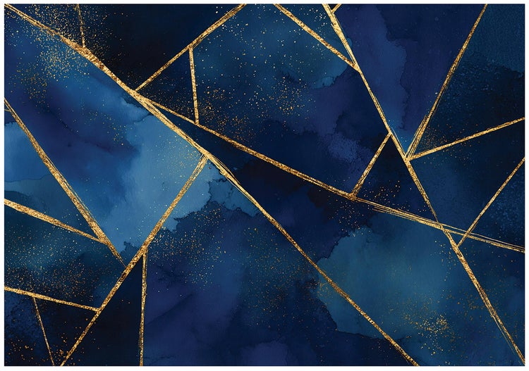 Abstraktes Wandbild mit goldenen Linien und blauem Hintergrund
