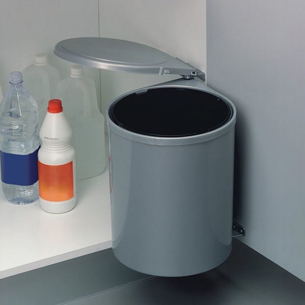 Einbaumülleimer für Küchenschränke, rund, Grau, mit Deckelautomatik zur Seitenwandmontage.