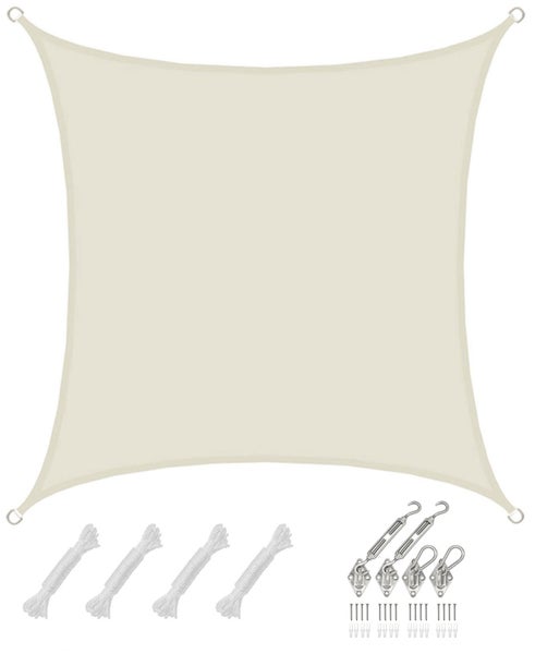 Quadratisches Sonnensegel aus Stoff in Beige inklusive Zubehörset mit Seilen, Spannschrauben, Wandhalterungen, Schrauben und Dübeln.