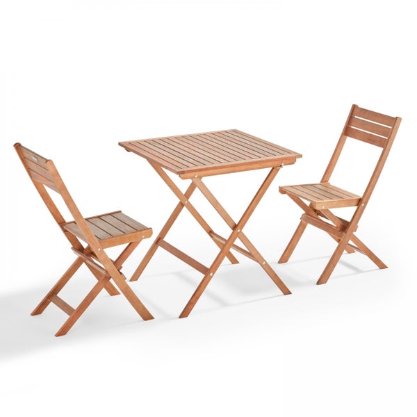 3-teiliges Garten-Bistro-Set aus Holz, bestehend aus einem quadratischen Klapptisch und zwei Klappstühlen.