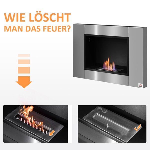 HOMCOM, Ethanol-Kamin, Bio-Ethanol-Brenner, L80 x B14 x H54 cm, Edelstahl, Eisen, Silber