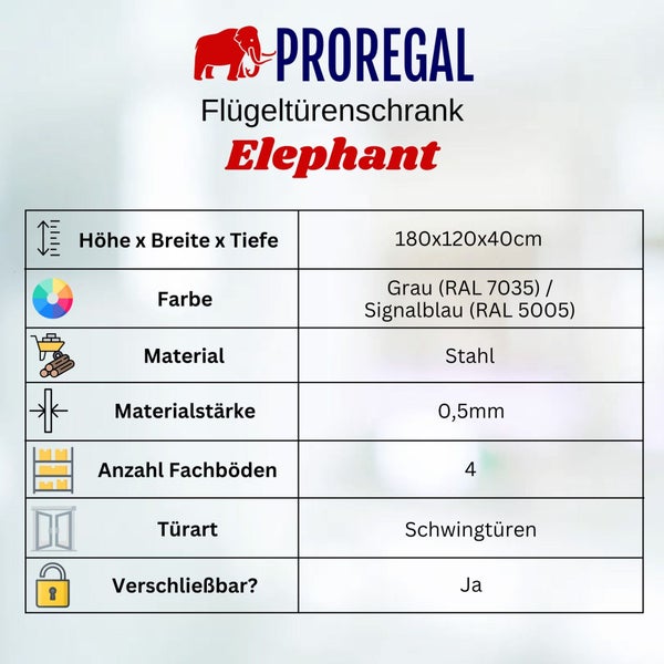 Produktinformationen für Flügeltürenschrank Elephant von Proregal: Größe 180x120x40 cm, Farbe grau und signalblau, Material Stahl, Materialstärke 0,5 mm, vier Fachböden, Schwingtüren und abschließbar