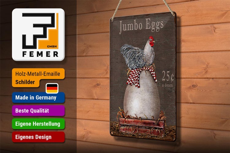 Blechschild Spruch 20x30cm Huhn jumbo Eggs 25 c a dozen