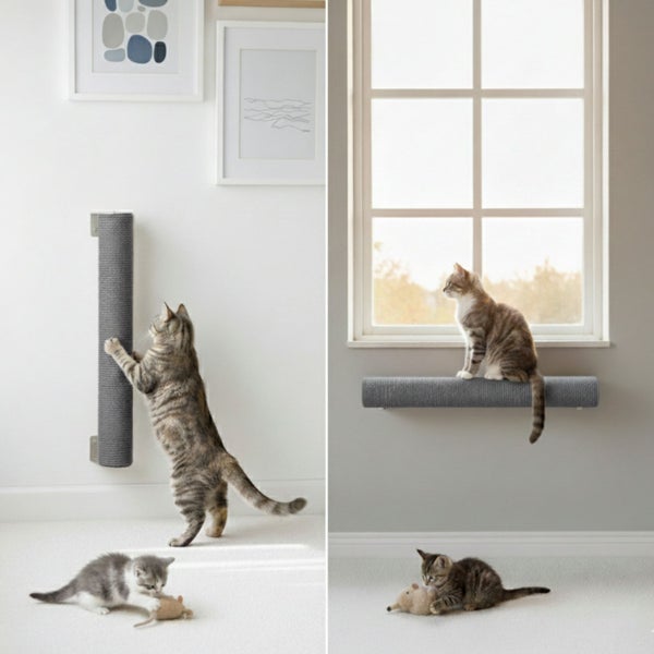 Katze nutzt einen vertikalen Kratzstamm an der Wand und eine horizontale Liegeplattform unter dem Fenster in einem modernen Wohnraum.