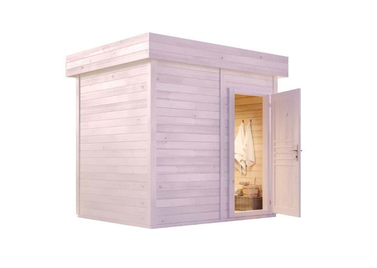 FinnTherm Gartensauna Prymula Gartensauna 2 Sitzbänke aus Holz, Sauna mit 40 mm Wandstärke, Außensauna mit Montagematerial, Naturbelassen 2,7x2,3m