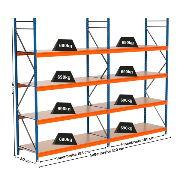 Lagerregal mit vier Ebenen und einer Traglast von 690 Kilogramm pro Ebene