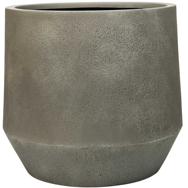 Runder Blumentopf in Betonoptik mit strukturierter Oberfläche und nach unten verjüngter Form.