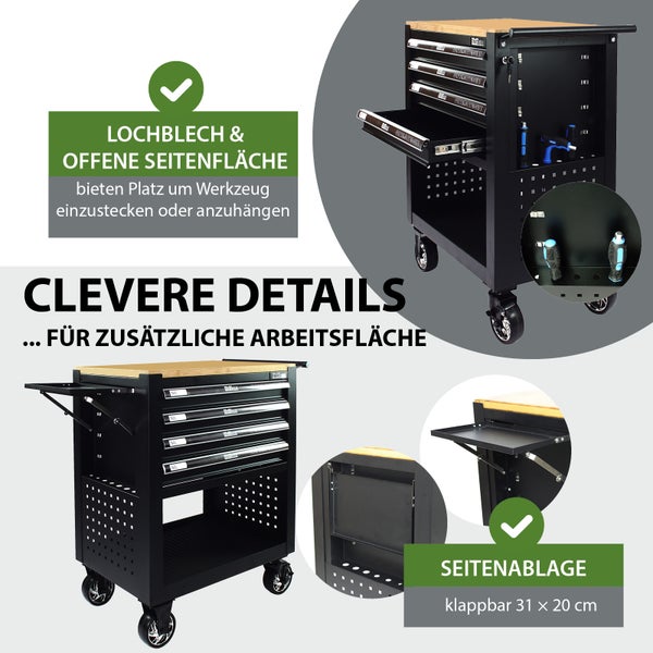 Werkstattwagen mit Holzplatte, Schubladen, Lochblech und klappbarer Seitenablage