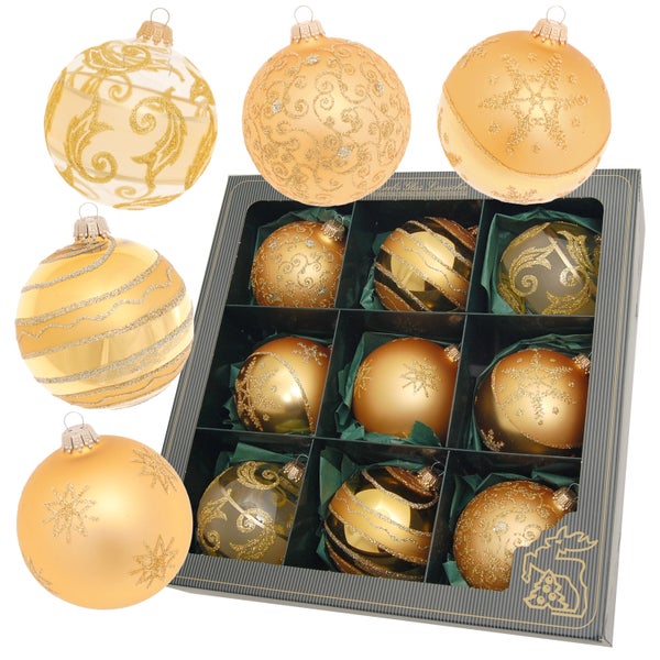 Klar/Satin-Gold, Glaskugelsortiment 8cm, 5 versch. Designs, mundgeblasen, handbemalt, 9 Stck., Weihnachtsbaumkugeln, Christbaumschmuck, Weihnachtsbaumanhänger