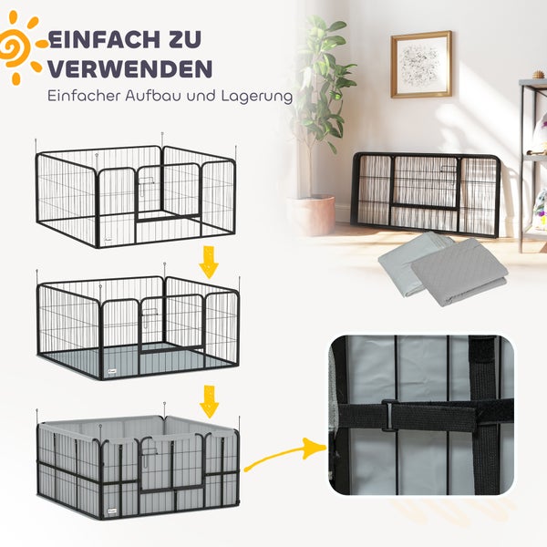 Zusammenklappbarer Welpenauslauf aus Metall mit Bodenmatte und Stoffverkleidung, zeigt Montage und platzsparende Lagerung.