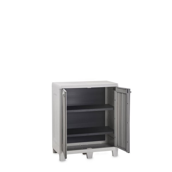 Kunststoffschrank mit offenen Türen und Regalen