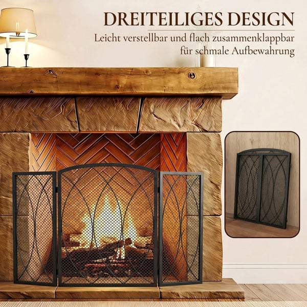 Dreiteiliger klappbarer Funkenschutz für Kamine aus Metallgeflecht zur einfachen Aufbewahrung vor einem rustikalen Holzkamin.