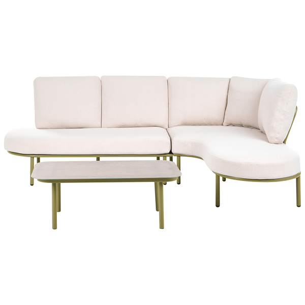 Modernes Garten-Lounge-Set bestehend aus einem Ecksofa mit hellen Polstern und einem passenden Couchtisch mit Metallgestell.