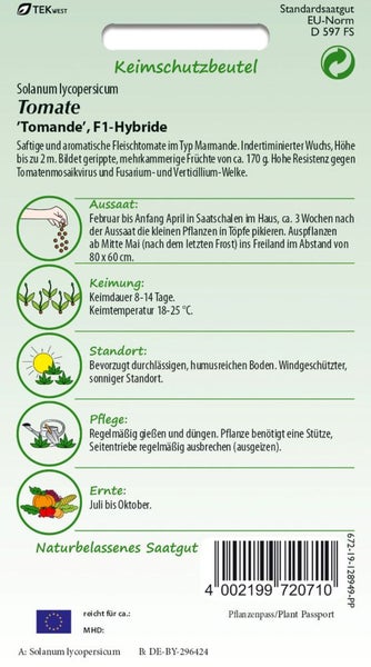 Samentüte Tomate 'Tomande' F1-Hybride mit Informationen zu Aussaat, Keimung, Standort, Pflege und Ernte