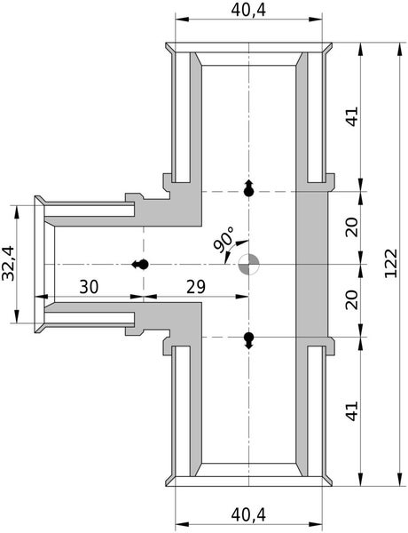 Technische Zeichnung eines T-Stücks mit Maßen in Millimeter, 90 Grad Winkel, Gesamthöhe 122 Millimeter, Anschlussdurchmesser 40,4 Millimeter.