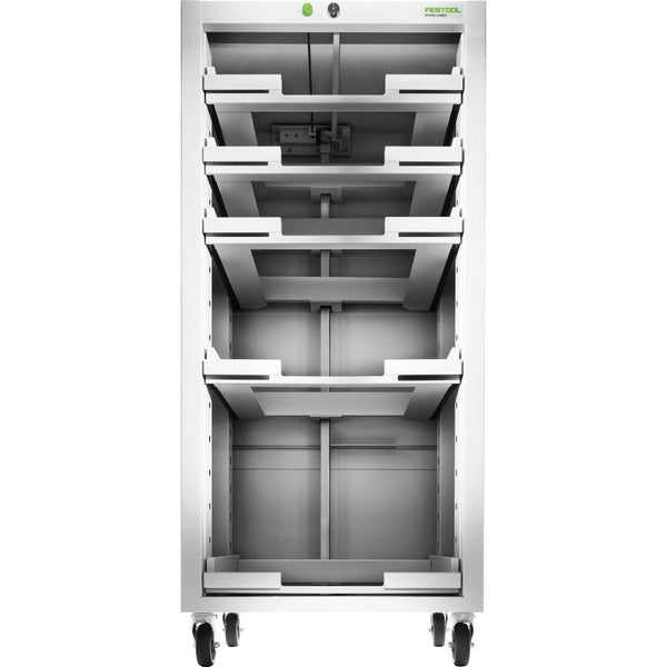 Eine Person zieht eine Schublade aus einem Festool Systainer-Aufbewahrungssystem mit mehreren weißen Werkzeugkoffern heraus.