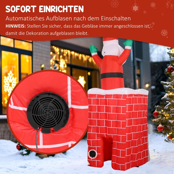 Aufblasbarer Weihnachtsmann im Schornstein mit integriertem Gebläse für automatisches Aufstellen im Außenbereich.