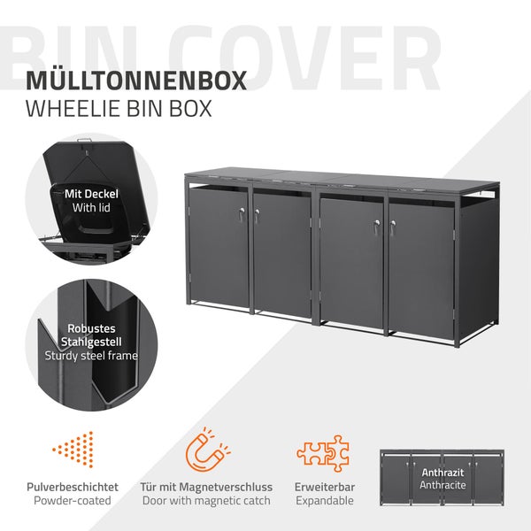 Mülltonnenbox für vier Mülltonnen aus pulverbeschichtetem Stahl, mit Deckeln, Türen mit Magnetverschluss, erweiterbar.