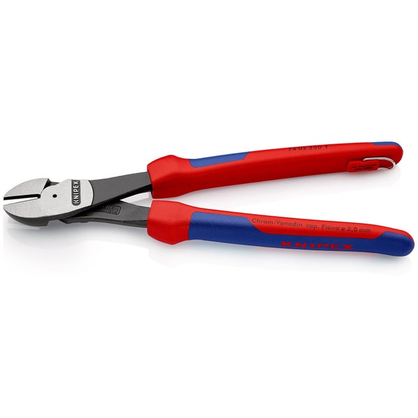 Knipex Kraft-Seitenschneider mit Befestigungsöse schwarz atramentiert, mit Mehrkomponenten-Hüllen, mit integrierter Befestigungsöse zum Anbringen einer Absturzsicherung 250 mm - 7402250TBK