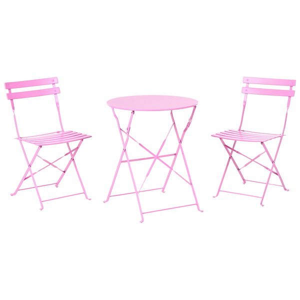 Klappbares Balkonset aus Metall in Rosa, bestehend aus einem runden Tisch und zwei Stühlen.