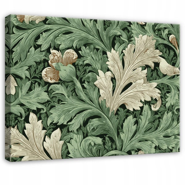 Wohnzimmer mit grauer Couch, Tisch und Stehlampe vor einer Wand mit geometrischem Muster in Gold und Dunkelblau.