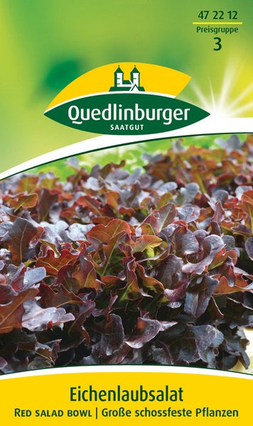 Samenpackung Eichenlaubsalat Red Salad Bowl von Quedlinburger Saatgut mit einer Abbildung von rotem Pflücksalat.