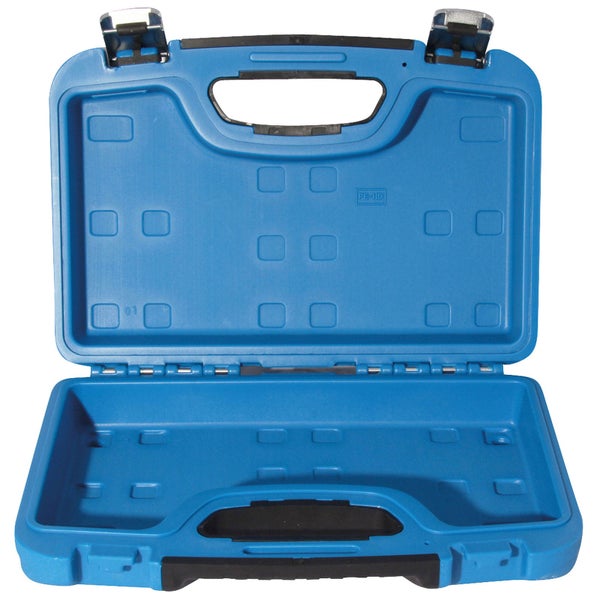 Blauer leerer Werkzeugkoffer aus Kunststoff mit schwarzem Griff und silbernen Verschlüssen.